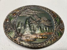 Vintage Solid Bronze Belt Buckle Indiana Metal Craft Rare Froz N Color Duck Hunt