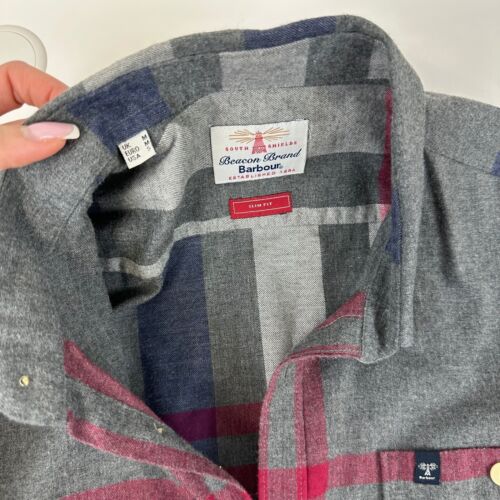 Barbour Mens Button-Up Shirt Size M Grey Tartan Plaid Long-Sleeve Slim Fit - Picture 4 of 5