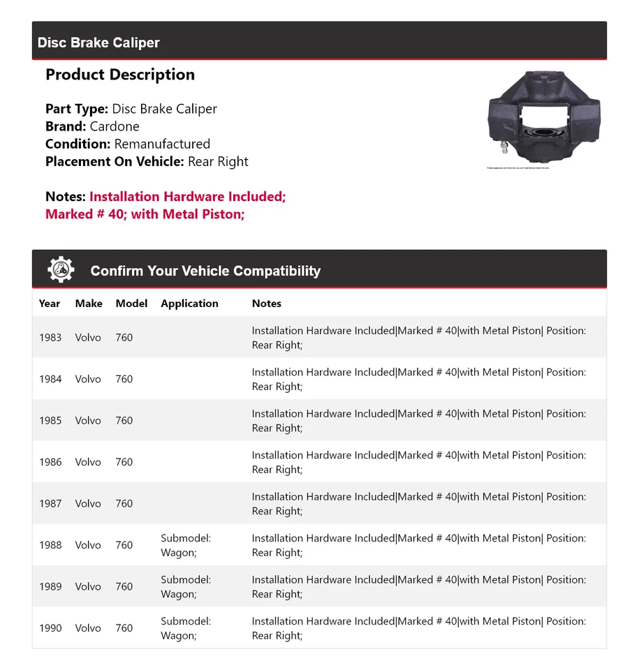 Pinza de freno de disco trasera derecha Cardone 1984 1985 1986 para Volvo 760 1983-1990 Foto 2 de 4