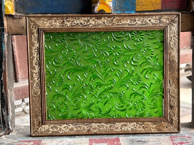 Selten Alt Vintage Handmade Geprägt Einzigartig Glas Wandbehang Holzrahmen, (F3)