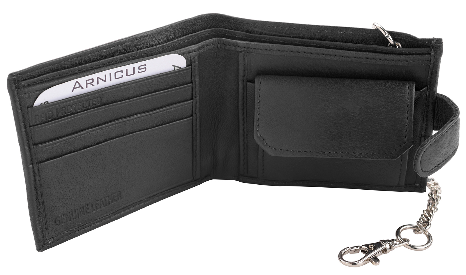 Mens RFID Blocking Safe Soft Real Genuine Leather Wallet Safety Chain