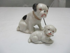 Vintage  Bulldog / Pitbull Mother Dog w/ Chained Puppy Figurine Japan