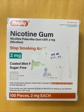 Rugby Nicotine Polacrilex Gum 2 mg Sugar Free Coated Mint Flavor 100 Pieces