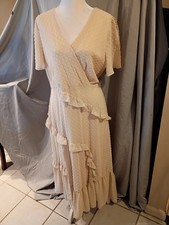 Lulu's Maxi Dress Faux Wrap Swiss Dots Beige Ruffles Sz XL Sheer Slit Sleeves...