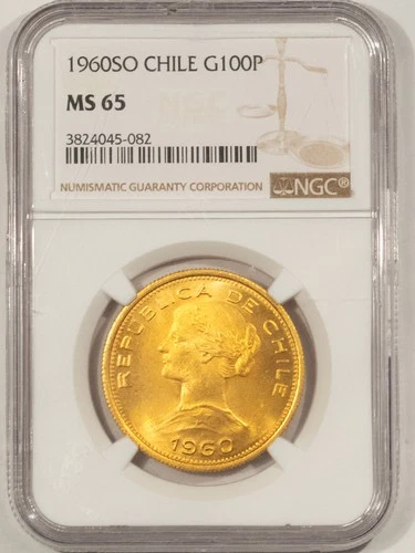 1960 SO CHILE GOLD 100 PESOS, KM #175 - NGC MS-65, SCARCER IN GEM! .5885 AGW