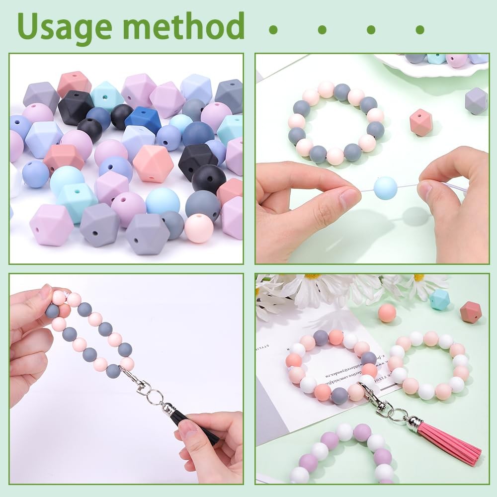 121 PCS Silicone Beads for Keychain Making Kit,12mm 15mm Round 14mm Polygonal...