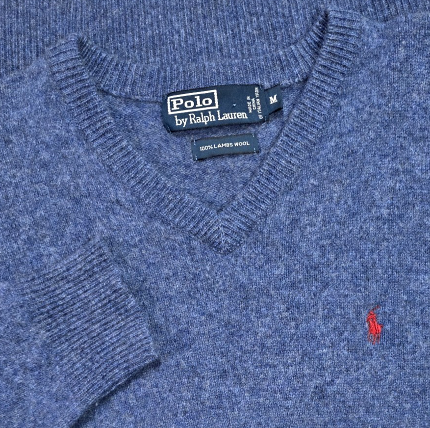 PONY POLO RALPH LAUREN taglia M maglione uomo 100% lana di agnello italiana scollo a V filati blu