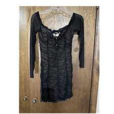 Fashion Nova Black Mesh Ruched Lace Up Bodycon Dress L Long Sleeve Short