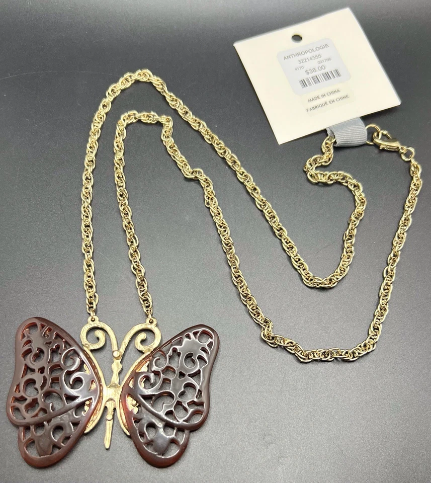 Collar colgante ANTHROPOLOGIE tono dorado/mariposa lucita nuevo con etiquetas Foto 4 de 4