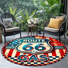 Route 66 American Gas Station Rug - Vintage 1950s Retro Road Trip Decor with Car