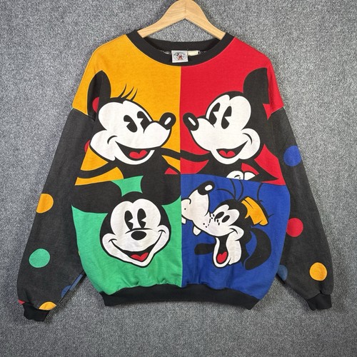 Vintage Disney Sweatshirt Large 90s Color Block Polka Mickey Mouse Goofy Retro
