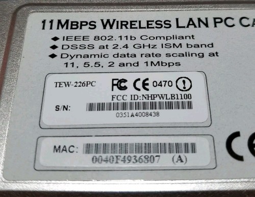 Trendnet TEW-226 Wireless PCMCIA WIFI 11Mbps Cardbus Laptop Notebook Lan PC Card - Picture 3 of 4