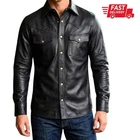Men's Genuine Leather Black Real Leather Shirt Soft Slim Fit Party Biker Casual