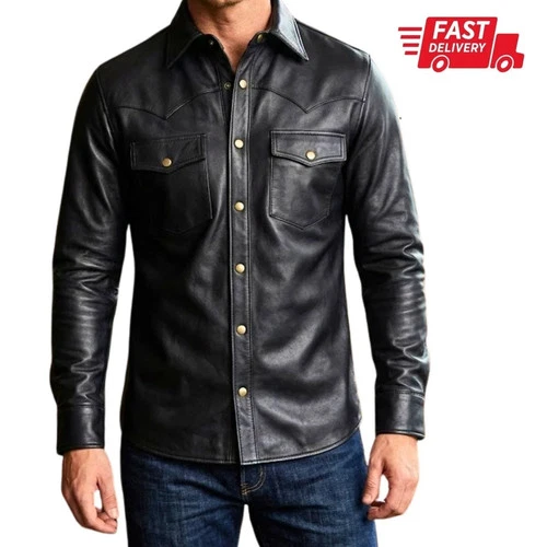 Men's Genuine Leather Black Real Leather Shirt Soft Slim Fit Party Biker Casual