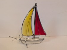 Stained Glass Sailboat Figurine With Yellow  Red Sails Metal Frame