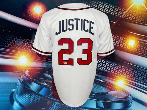 MAILLOT BLANC COA BECKETT personnalisé dédicacé DAVID JUSTICE ATLANTA BRAVES - Photo 1/3