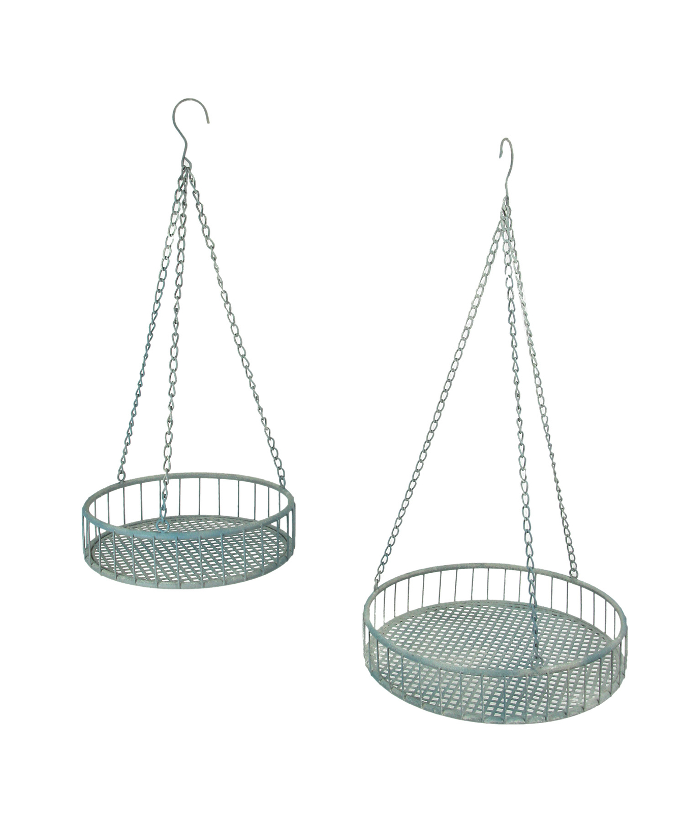 Set of 2 Weathered Gray Metal Mesh Hanging Plant Stands Baskets