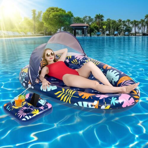 3-in-1 Pool Floats, Pool Floats Lounger Adult with Detachable Sun Shade Canopy