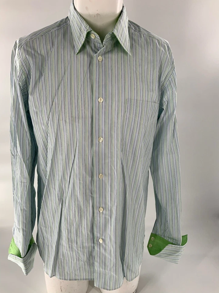 Camisa con botones Ghirardelli M blanca verde azul a rayas puño abatible Italia YGI B2-333 Foto 2 de 4