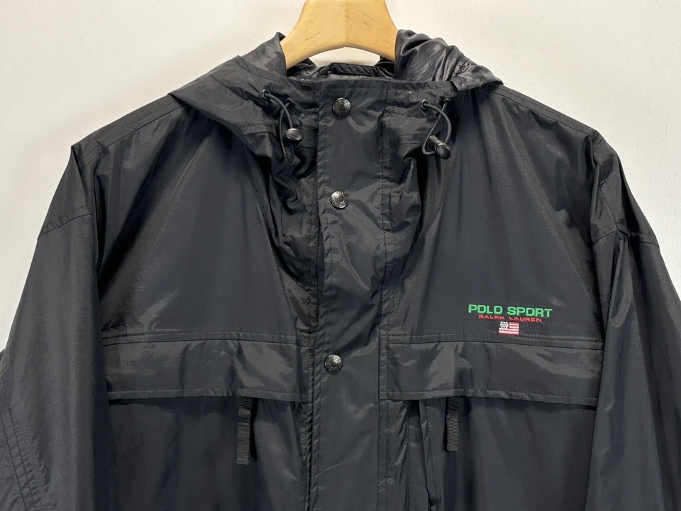 De Colección Para Hombre Ralph Lauren Polo Deportivo Nylon Chaqueta de Lluvia Mediana Negra Capucha LEER 90’s Foto 3 de 4