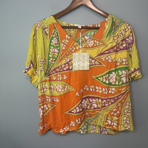 Haute Hippie Kurzarm Bluse V-Ausschnitt Orange Grün Tropical. NEU. Größe M