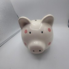 Pig ,Piggy Bank. White Ceramic With Pink Dots. Stopper Included. 6" X 6".