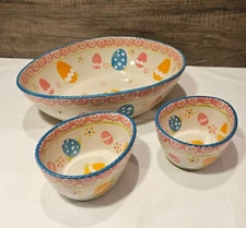 Temp-tations 3pc Egg-Shaped 2 qt Serving Bowl+8oz dip bowls Old World Egg Hunt