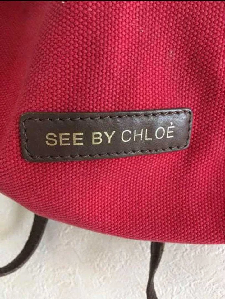 SEE BY CHLOE Backpack Logo Canvas Leather Red women's USED FROM JAPAN - Image 3 of 4