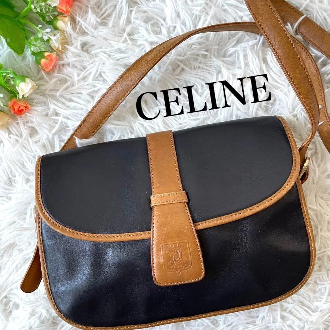 Vintage CELINE Old Celine Leather Shoulder Bag Blazon Macadam Black Brown