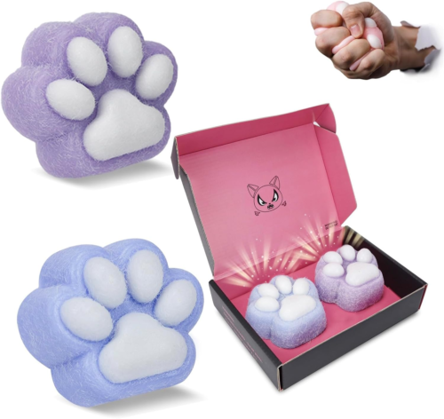 2 Pcs Handmade Cat Paw Squishy Toy, Kawaii Jelly Kitty Squeeze Toys, Purple & Bl