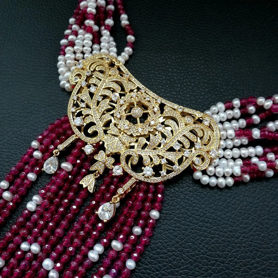 Collar colgante de perlas de jade rojo de 19" 9 hilos circonita cúbica Foto 4 de 4