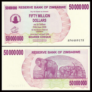ZIMBABWE 50 MILLION DOLLARS BEARER CHEQUE 2008 P 57 UNC
