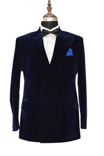 Men Navy Blue Smoking Velvet Jacket Blazer Designer Double Breasted Dinner Coats