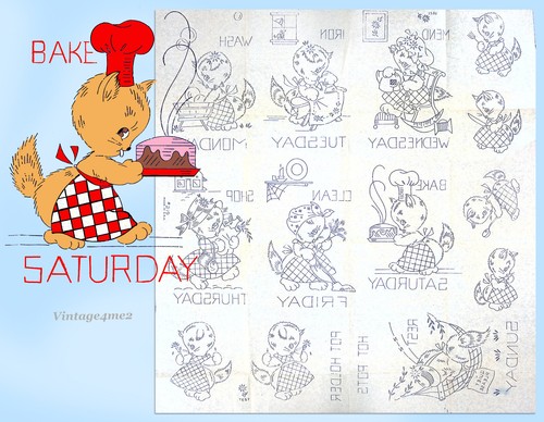 1950s Vintage Vogart Embroidery Transfer 219 Uncut DOW Helpful Kitten Tea Towels - Picture 3 of 6