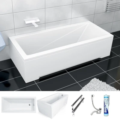 BESCO Badewanne Rechteck Wanne 120 130 140 150 160 170 x 70 180x80 -/+ Schürze Ablauf