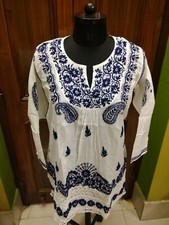 TUNIC BLOUSE HANDMADE CHIKAN EMBROIDERY 100 COTTON L 42" ETHNIC TOP KURTA KURT