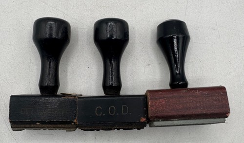 Vintage Rubber Office Stamp Lot Registered Delivered COD Wood Handle 3pc