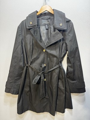 London Fog Trench Coat Womens XL Black Belted Hooded Lightweight