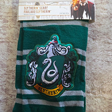 Harry Potter Slytherin Green Gray Striped Knit Scarf w/ Crest Logo Patch