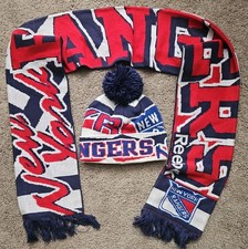 Vintage New York Rangers Reebok NHL Scarf Winter Hat Neck Pom Pom Beanie 