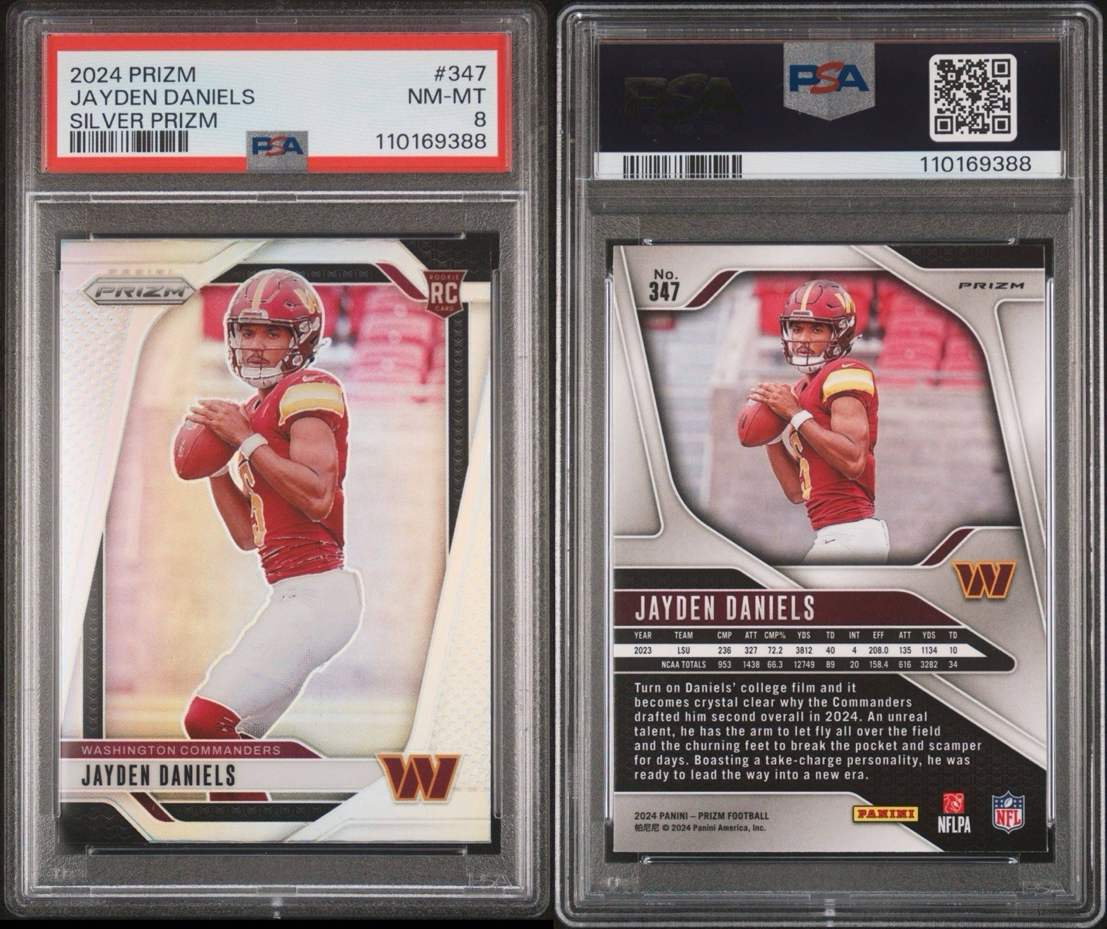 2024 PANINI PRIZM SILVER PRIZM #347 JAYDEN DANIELS (RC) PSA 8 view 3
