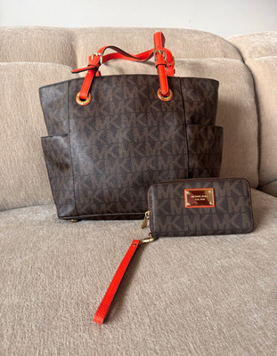 Michael Kors Brown Logo Tote Bag Orange Double Handles Zip + Wristlet Wallet