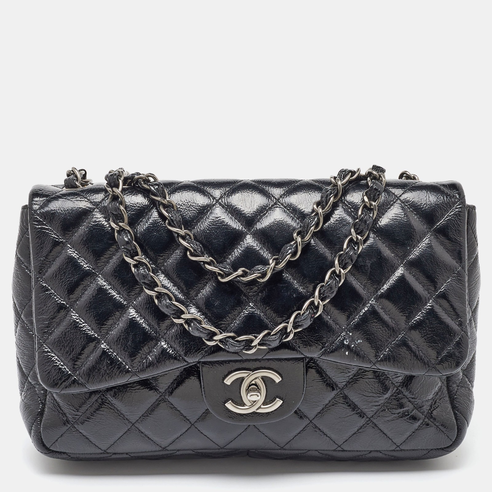 Chanel Black Crinkled Quilted Patent Leather Jumbo Single Flap Bag  