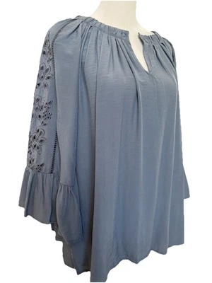 Democracy Top Womens 1X Blue Soft Boho Peasant Ruffle Sleeves Blouse - Image 1 of 4