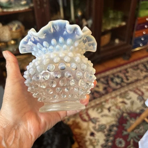 Vtg Fenton White Rose Bowl Hobnail Moonstone Ruffled Edge Opalescent Glass Vase