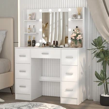White Makeup Vanity Table With LED Lights Mirror & 7 Drawers Large Dressing Desk