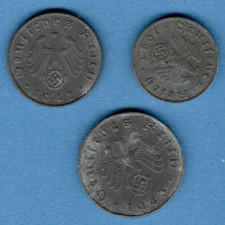 1942-43 Germany Third Reich Set 3 zinc coins 1, 5, 10 Reichspfennig SWASTIKA 419