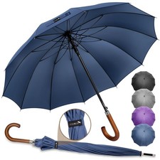 ZOMAKE Stick Umbrella Wood Handle,Cane Walking Large, Navy Blue-12 Ribs