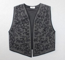 Wallis Vintage Waistcoat Women UK 14 Embroidered Grey Black Open Front Boho