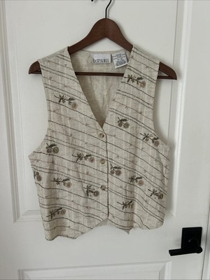 VTG Casey & Max Womens M 90s Y2K Vest Beige Floral Embroidered Cottagecore